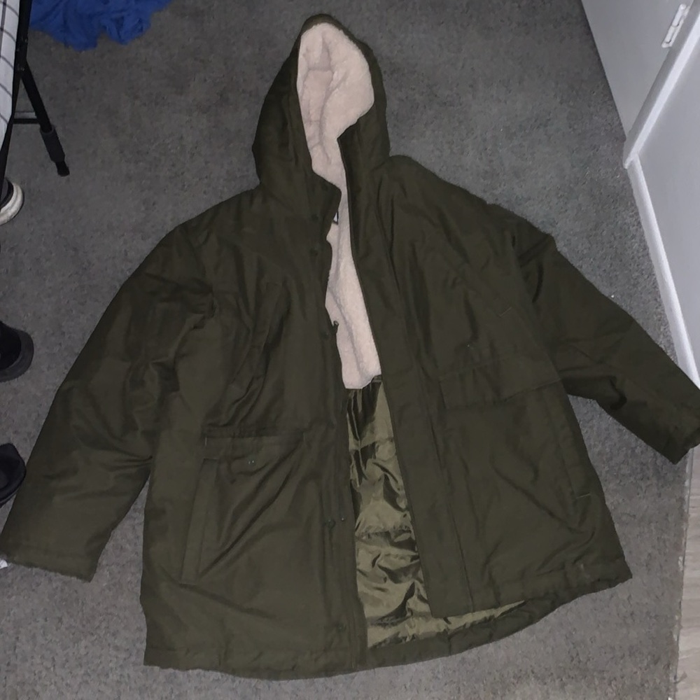 Olive Green Hooded Jacket with Cream Lining